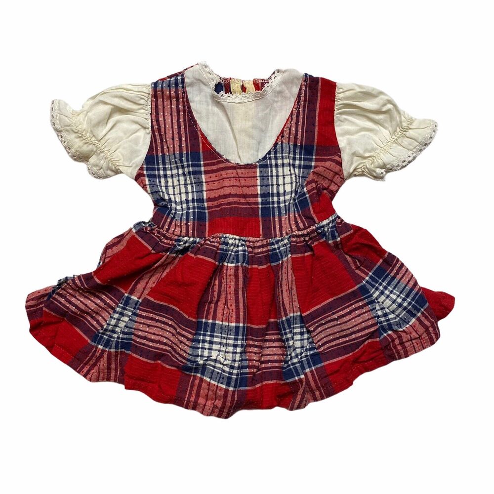 Vintage 70s 80s Pinafore Red Plaid Swiss Dot Short Sleeve Dress Baby Girl 12-18M